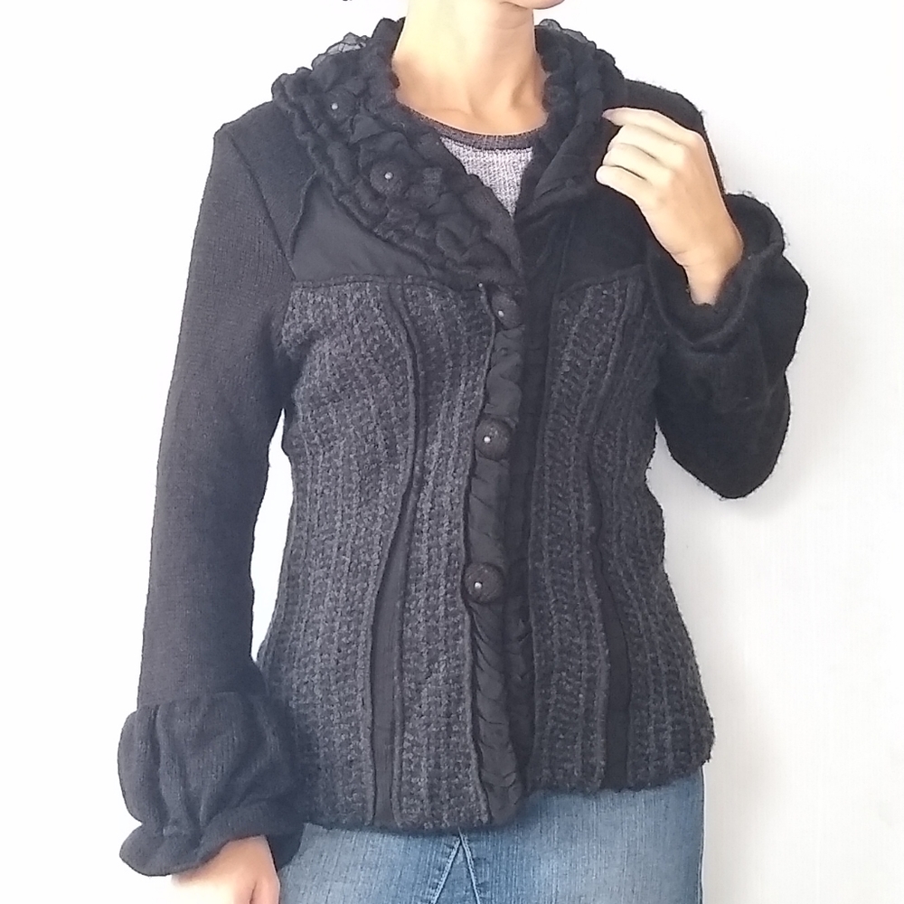 ANIS. A 100% mohair textured ruffle black cardigan sweater free people Boho